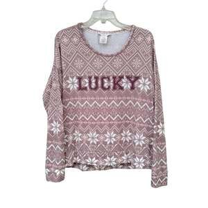 Lucky Brand Snowflakes Sweatshirt - L - Pink and White- Christmas, Holidays,